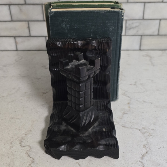 Vintage 70s Spanish Carved Wood Castle Bookends - Picture 2 of 8